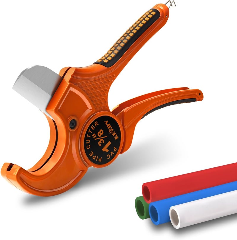 KERRY Hose Pipe Cutter, Up to 1-3/8" Ratcheting Heavy-Duty PEX POLY PE Plastic Hoses and Plumbing Tube Cutting Tool, Sharp Stainless Steel Blades, Thicken Aluminum Body Extended Handle - Image 1